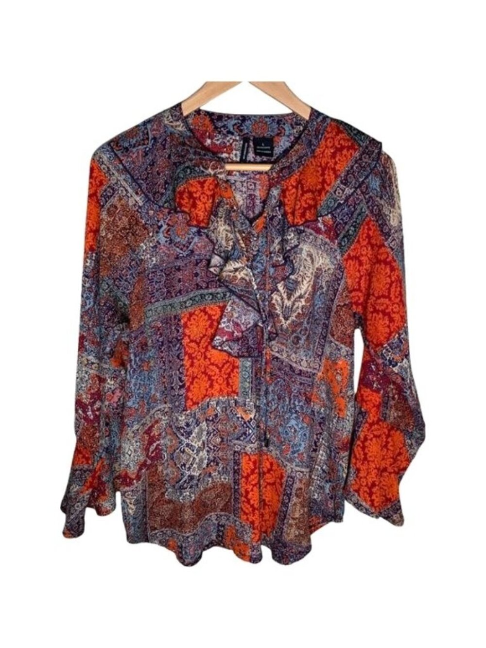 New Directions Women's Large Boho Patchwork V-Neck Bell Sleeve Blouse Top